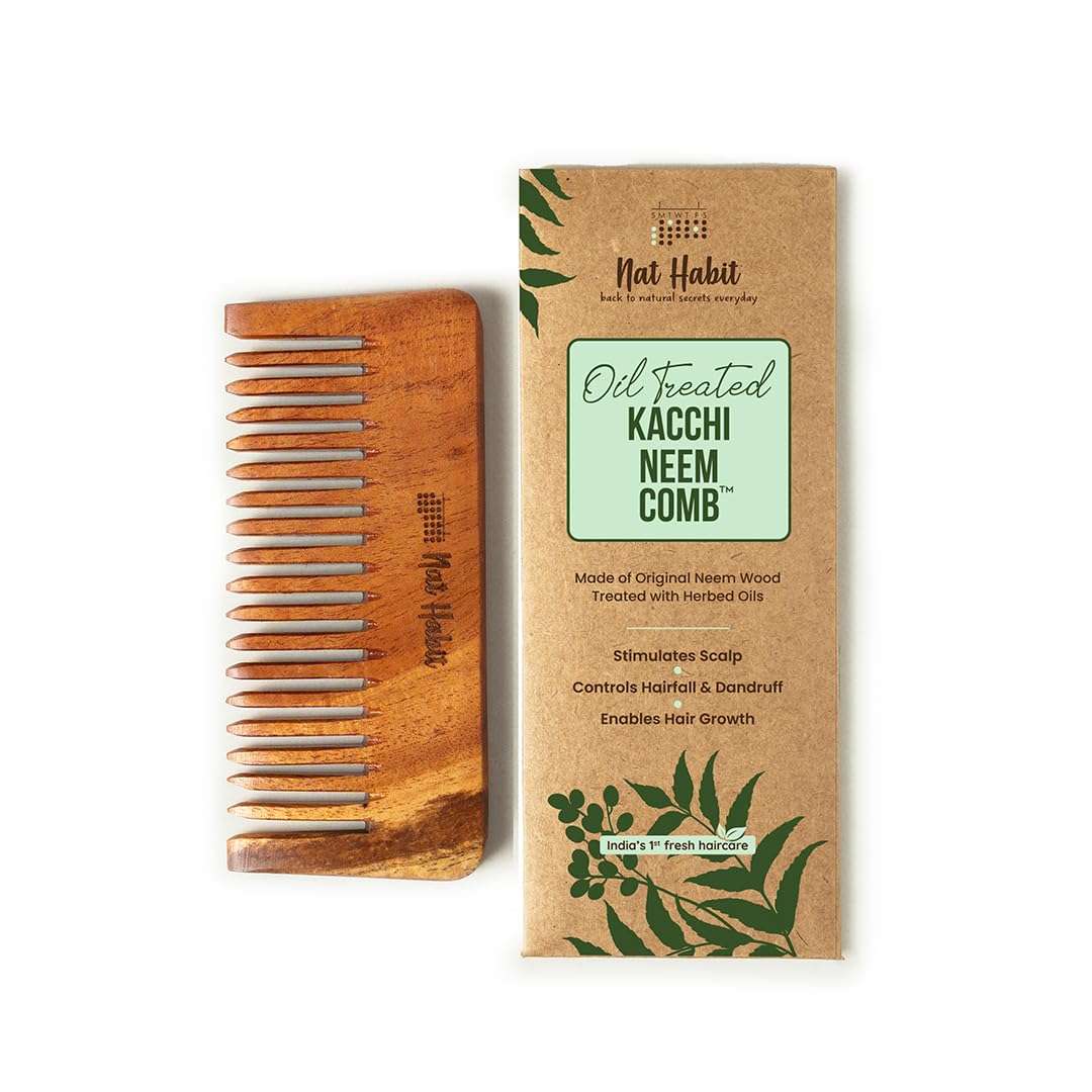 Nat Habit Oil Treated Kacchi Neem Handmade Wooden Comb - Wide